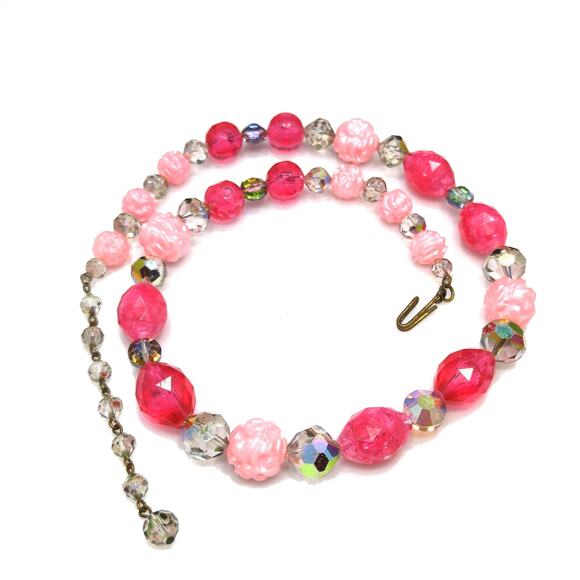 Vintage Pink Lucite Crystal Beaded Necklace, Aurora Borealis, Molded Beads - Picture 2 of 10